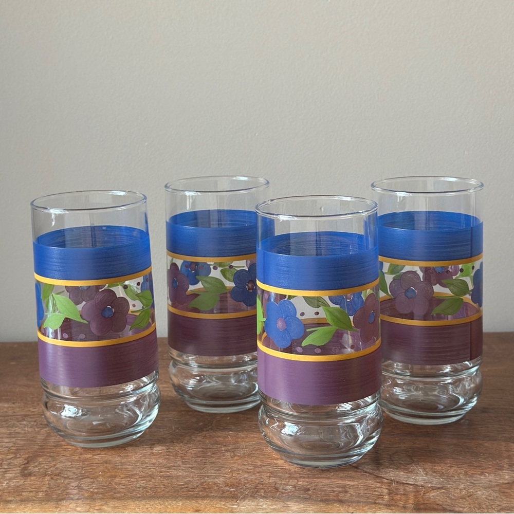 Floral Glass Tumbler Set VTG Glassware Cups Libbey Bella Cooler Glasses Cottage